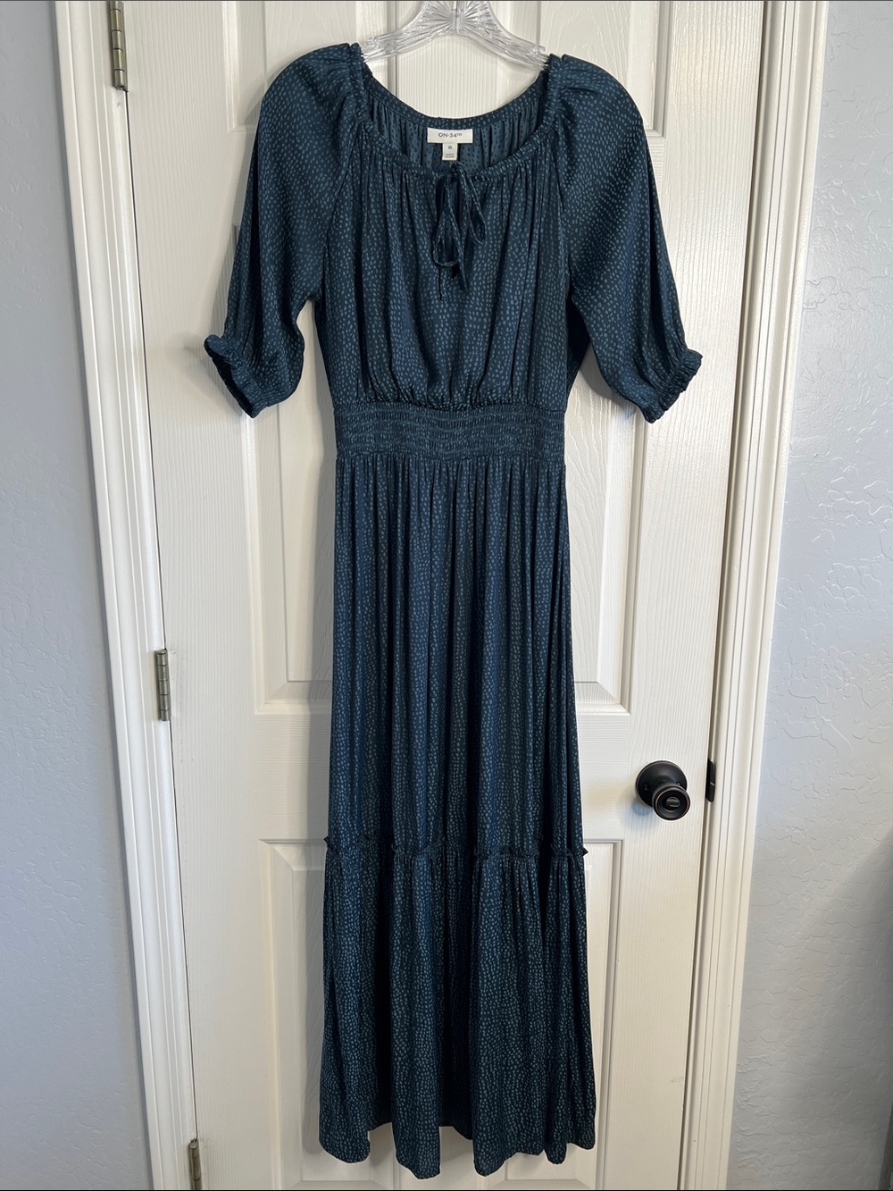On 34th blue polka dot maxi prairie dress puff sleeve smocked waist size XS